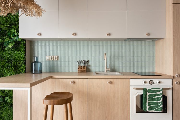 mały salon z kuchnią z zieloną ścianą